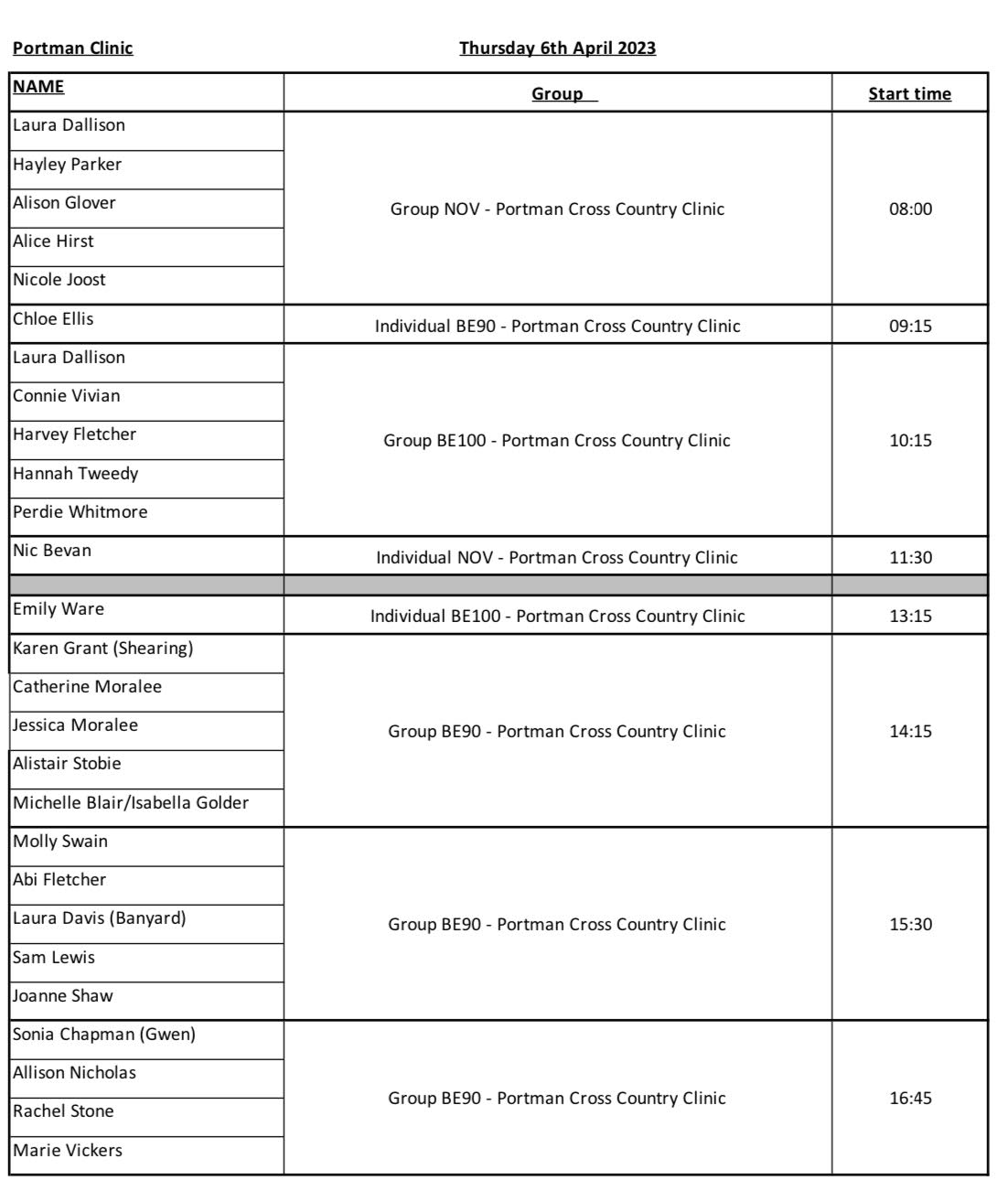 Portman XC Clinic times